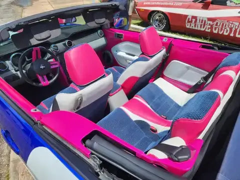Freedom Blue with the Shade of pink and white ford Mustang
