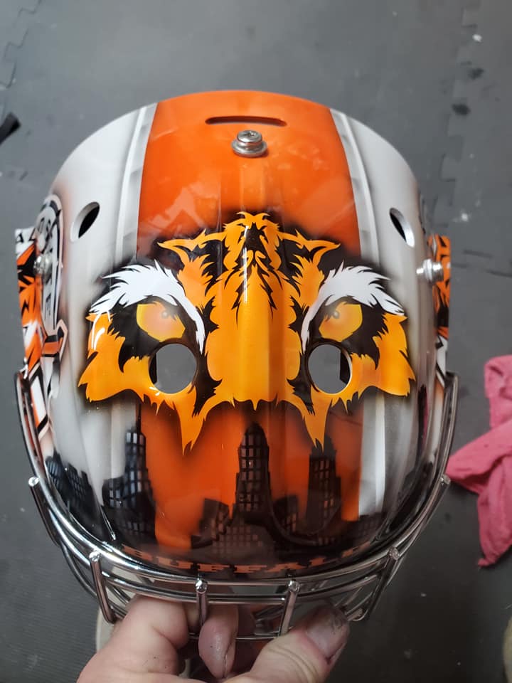 Tamco Paint Tamco Intensity Oh My Orange & Blizzard of Ozz White Peal in Custom Hockey Goalie Mask