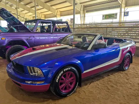 Freedom Blue with the Shade of pink and white ford Mustang