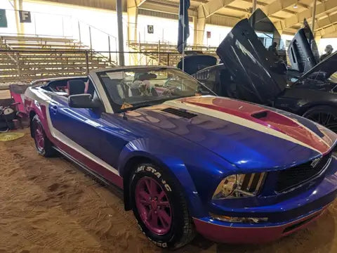 Freedom Blue with the Shade of pink and white ford Mustang