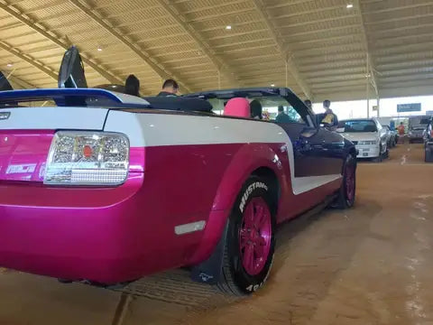 Freedom Blue with the Shade of pink and white ford Mustang