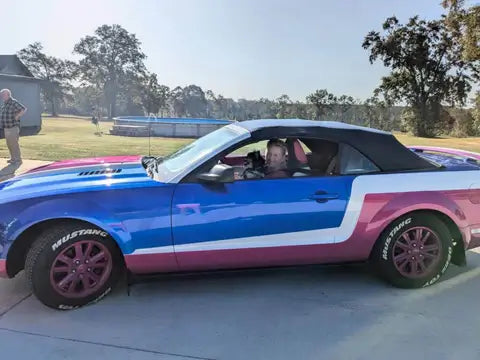 Freedom Blue with the Shade of pink and white ford Mustang