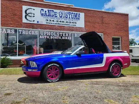 Freedom Blue with the Shade of pink and white ford Mustang