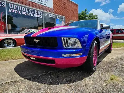 Freedom Blue with the Shade of pink and white ford Mustang