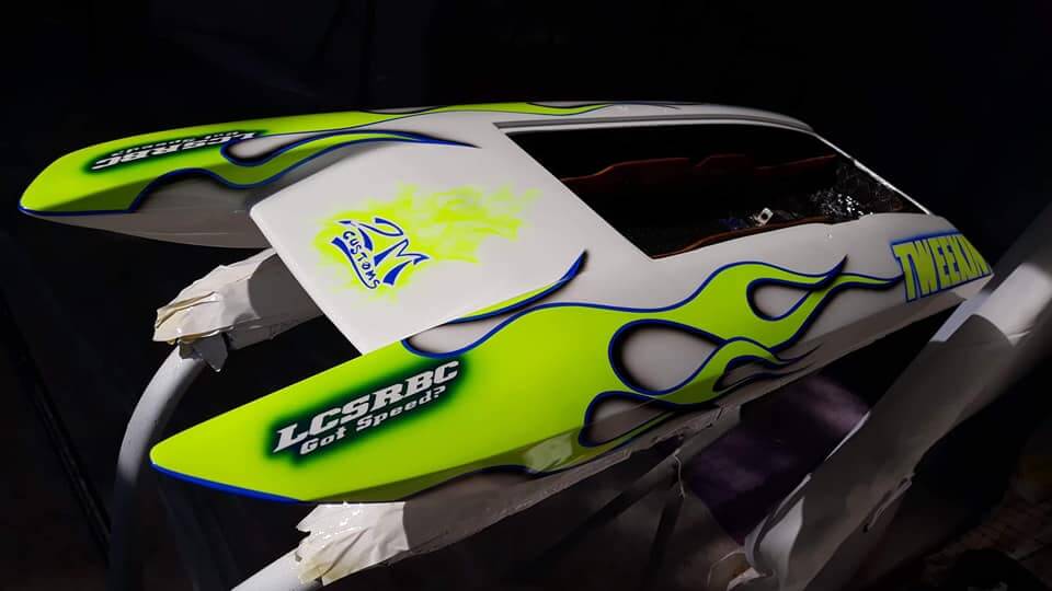 Tamco Paint Blue Nitrous on RC Catamaran Racing Boat Hull