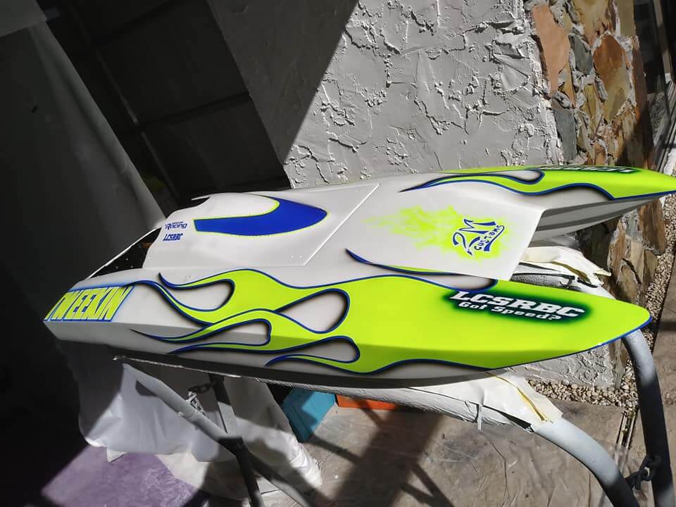 Tamco Paint Blue Nitrous on RC Catamaran Racing Boat Hull