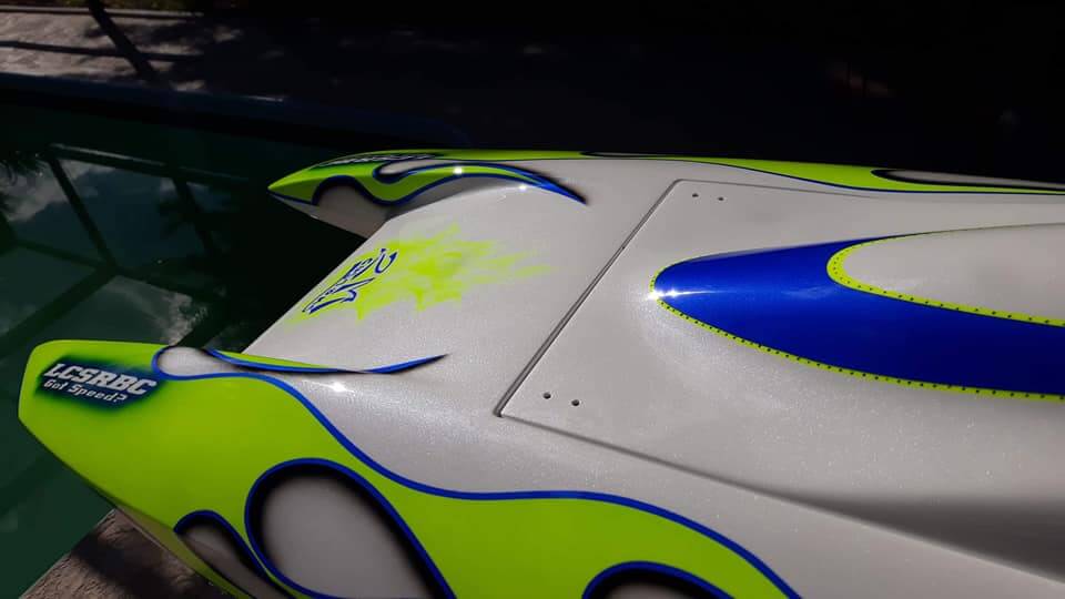 Tamco Paint Blue Nitrous on RC Catamaran Racing Boat Hull