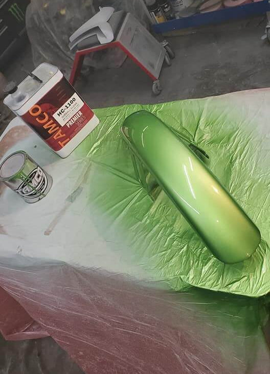 Tamco Paint Chrysler Green with Envy on Motorcycle Fender
